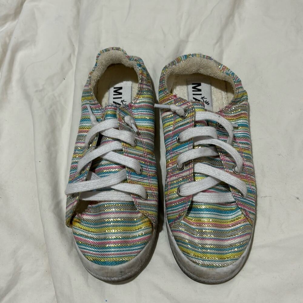 Mia 2 slip on flat striped tennis shoe rainbow golden glimmer euc slip one style